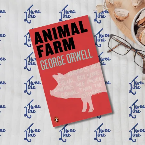 Cover of Animal Farm by George Orwell featuring a red flag with a hoof and horn