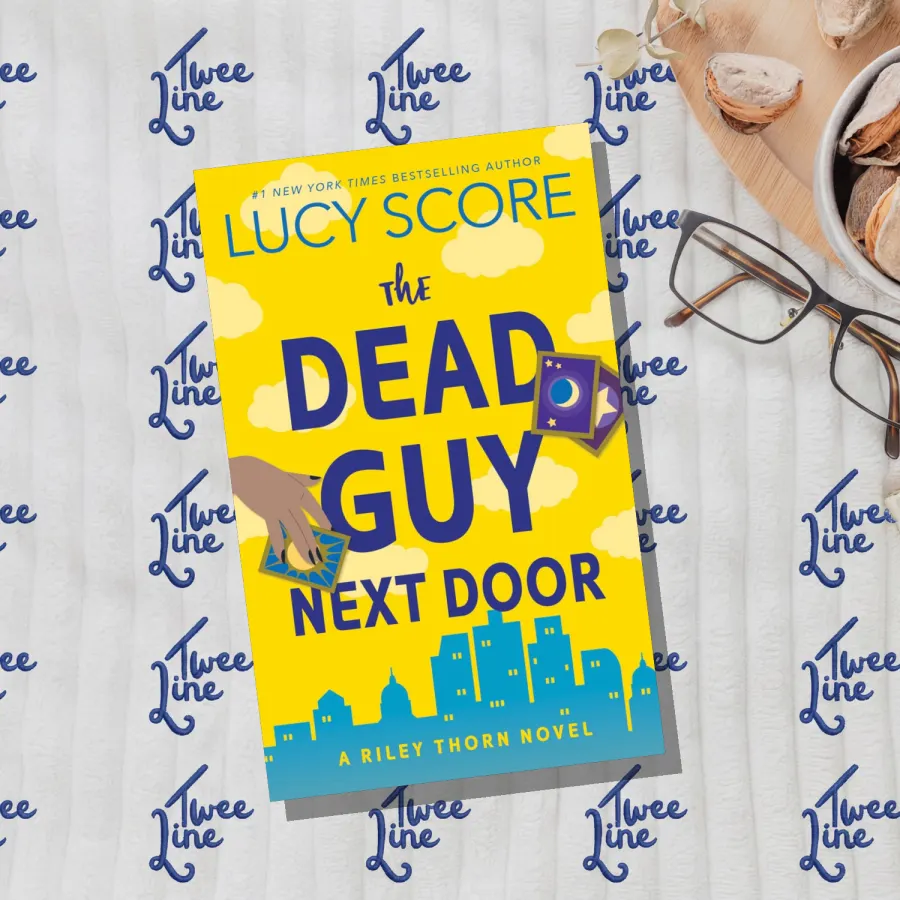 Cover of The Dead Guy Next Door by Lucy Score, featuring a quirky neighborhood scene with a detective and a woman.
