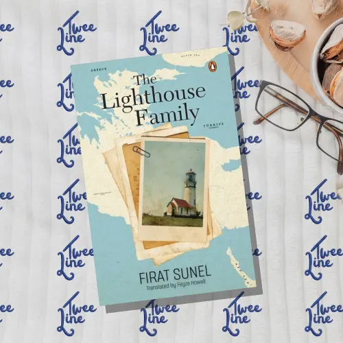 Cover of The Lighthouse Family by Firat Sunel, showing a lighthouse on a rocky island with a boy and an old man
