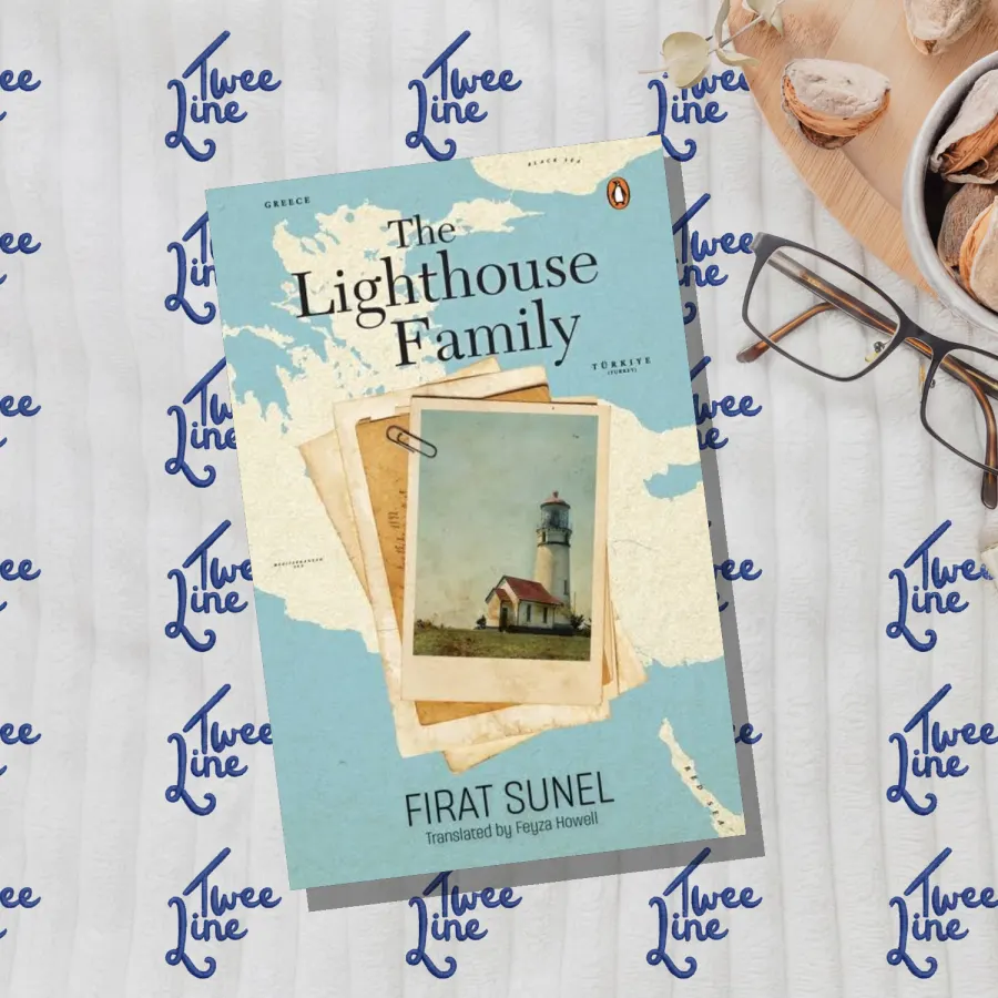 Cover of The Lighthouse Family by Firat Sunel, showing a lighthouse on a rocky island with a boy and an old man